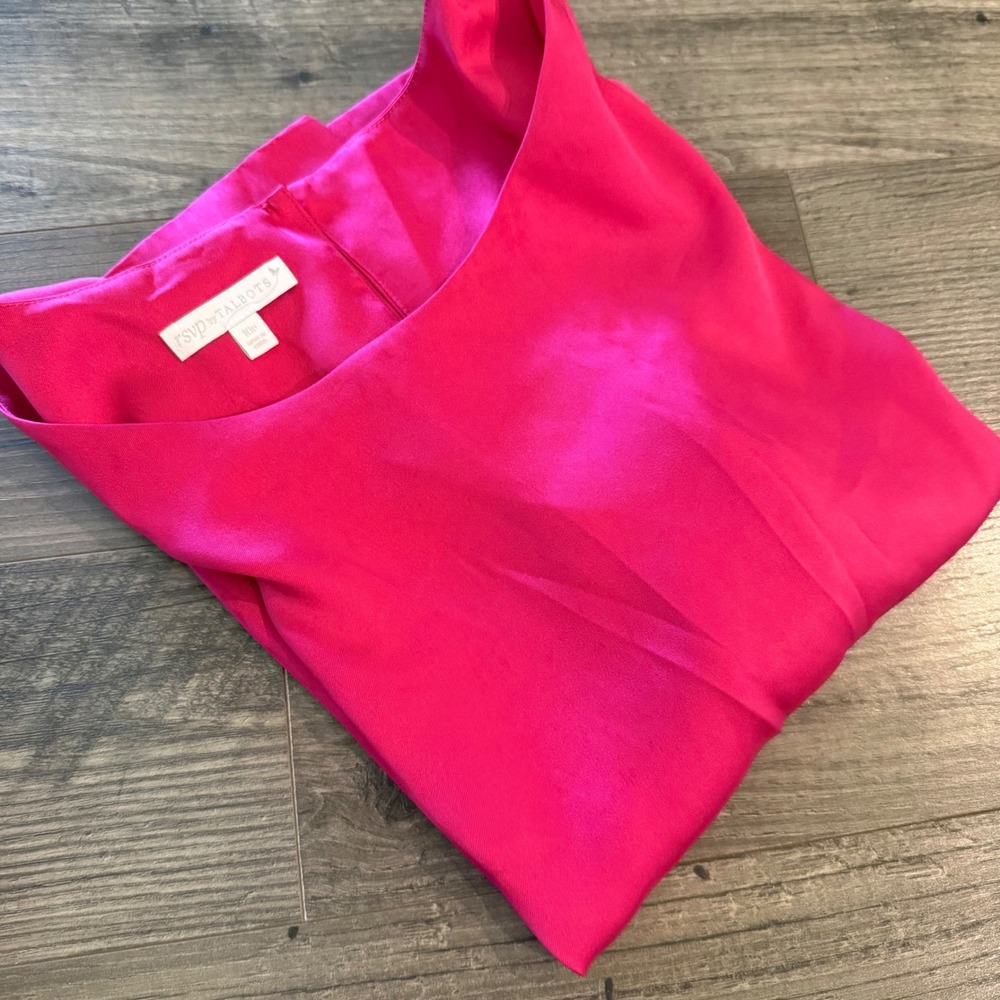 RSVP by Talbots Hot Pink Satin Ruffle Shoulder Blouse 10P Pink Top